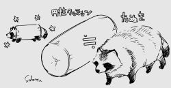 Rule 34 | animal, animal-shaped pillow, artist name, equal sign, greyscale, leaf, monochrome, no humans, original, pillow, shidatsu takayuki, simple background, solo, stuffed tanuki, tail, tanuki
