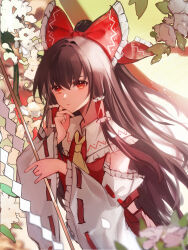 Rule 34 | 1girl, :/, absurdres, ascot, bow, brown hair, closed mouth, commentary, detached sleeves, frilled bow, frilled hair tubes, frilled sleeves, frills, gohei, hair between eyes, hair bow, hair tubes, hakurei reimu, highres, holding, holding gohei, long hair, looking at viewer, red bow, red eyes, red vest, ribbon-trimmed sleeves, ribbon trim, rivergod, sarashi, sidelocks, solo, touhou, very long hair, vest, white sleeves, wide sleeves, yellow ascot