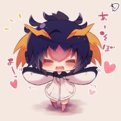 Rule 34 | 10s, 1girl, :d, black hair, blush, chibi, closed eyes, drawstring, facing viewer, hair between eyes, headphones, heart, hood, hood down, hoodie, kemono friends, multicolored hair, muuran, open mouth, orange hair, outstretched arms, pink thighhighs, red hair, rockhopper penguin (kemono friends), short hair, simple background, smile, solo, spread arms, standing, thighhighs, translation request, white hoodie