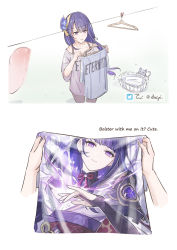 Rule 34 | beiyi, blunt bangs, bow, bowtie, clothes hanger, collarbone, commentary, drying, drying clothes, english commentary, fox tail, genshin impact, hair ornament, highres, holding, holding clothes, japanese clothes, laundry basket, long hair, long sleeves, mole, mole under eye, obi, out of frame, purple eyes, purple hair, raiden shogun, sash, shirt, short sleeves, sidelocks, t-shirt, tail, vision (genshin impact), yae miko