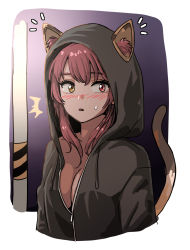 Rule 34 | animal ears, blush, breasts, cat ears, cat tail, caustics, heterochromia, highres, hololive, hood, hood up, hoodie, houshou marine, jangmaseason, lamppost, large breasts, parted lips, partially unzipped, projected inset, red eyes, red hair, sidelocks, simple background, surprised, sweat, tail, upper body, virtual youtuber, white background, yellow eyes