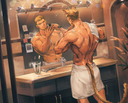 Rule 34 | 1boy, abs, animal ears, ass, bara, bathroom, blonde hair, brown hair, cat boy, cat ears, cat tail, commission, dark-skinned male, dark skin, different reflection, ear piercing, facial hair, facial scar, from behind, goatee, highres, kemonomimi mode, large pectorals, male focus, mature male, mirror, multicolored hair, muscular, muscular male, naked towel, navel, navel hair, nipples, original, pectorals, piercing, reflection, romg, romg the jaguar, scar, scar across eye, scar on cheek, scar on face, shaving, shaving beard, short hair, sideburns, spiked hair, stomach, tail, tengo (maotengo), thick eyebrows, topless male, towel, hair clipper, two-tone hair, undercut