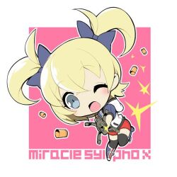 Rule 34 | 1girl, black thighhighs, blonde hair, blue footwear, boots, bow, character request, chibi, commentary, copyright request, eyelashes, firing, footwear ribbon, grey bow, grey eyes, grey sleeves, gun, hair bow, holding, holding gun, holding weapon, hood, hood down, hooded jacket, jacket, kijimoto yuuhi, knee boots, light blush, machine gun, one eye closed, open mouth, outline, pink background, red shorts, ribbon, shell casing, short hair, short shorts, short sleeves, short twintails, shorts, smile, solo, thighhighs, twintails, two-tone background, weapon, white background, white hood, white jacket, white outline, white ribbon