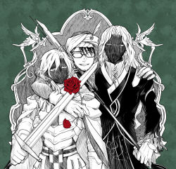 Rule 34 | 3boys, arm around shoulder, armor, cloak, coat, constantine xi (fate), crossed swords, curtained hair, earrings, eyes in shadow, facial hair, fate/grand order, fate (series), flower, framed, glasses, gloves, green background, greyscale, grin, hair between eyes, hand on another&#039;s shoulder, hat feather, heki0529, holding, holding flower, holding polearm, holding sword, holding weapon, jewelry, long hair, looking at another, male focus, mehmed ii (fate), monochrome, multiple boys, opaque glasses, petals, polearm, red flower, red rose, rose, shaded face, sideways glance, smile, spot color, stubble, sweater, swept bangs, sword, tassel, turban, turtleneck, turtleneck sweater, upper body, vlad iii (fate/apocrypha), weapon