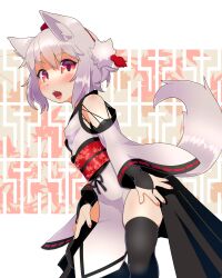 Rule 34 | 1girl, animal ear fluff, animal ears, black bridal gauntlets, black thighhighs, blush, breasts, bridal gauntlets, commentary request, cross-laced clothes, cross-laced sleeves, feet out of frame, fingernails, hair between eyes, hand on own leg, hat, inubashiri momiji, japanese clothes, kimono, kourindou tengu costume, leaf, leaf print, looking at viewer, maple leaf, maple leaf print, obi, open mouth, pink nails, print sash, red eyes, red hat, red sash, ribbon-trimmed sleeves, ribbon trim, sash, short hair, small breasts, solo, tail, teeth, thighhighs, tokin hat, tongue, torque, touhou, upper teeth only, white background, white hair, white kimono, wolf ears, wolf girl, wolf tail