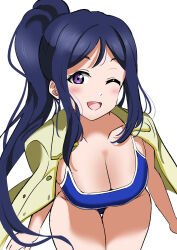 Rule 34 | 1girl, absurdres, blue hair, blush, breasts, cleavage, highres, large breasts, long hair, looking at viewer, love live!, love live! sunshine!!, matsuura kanan, one-piece swimsuit, one eye closed, open mouth, pisagi, ponytail, purple eyes, simple background, smile, solo, swimsuit, white background, wink