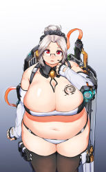 Rule 34 | 1girl, absurdres, bare shoulders, bolo tie, breast tattoo, breasts, cleavage, detached collar, elbow gloves, fat, from above, glasses, gloves, gradient background, gun, hair bun, handgun, highres, huge breasts, labiata (last origin), looking at viewer, maid headdress, microphone, navel, plump, prototype labiata, red eyes, revolver, ribbon cable, silver hair, single hair bun, solo, tajyador, tareme, tattoo, thick thighs, thighhighs, thighs, weapon, white gloves