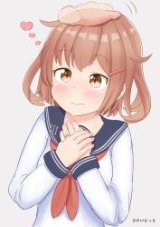 Rule 34 | arms up, blush, brown eyes, brown hair, hair ornament, hairclip, hand over heart, hands on own chest, headpat, heart, highres, ikazuchi (kancolle), jewelry, kantai collection, katetto, long sleeves, neckerchief, pixiv username, pov, pov hands, ring, school uniform, serafuku, short hair, simple background, v arms, wavy mouth, wedding ring, white background