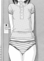 Rule 34 | 1girl, black hair, condom, condom in mouth, condom packet strip, condom wrapper, flat chest, greyscale, monochrome, mouth hold, no pants, panties, short hair, solo, source request, striped clothes, striped panties, tanaka ekisu, underwear