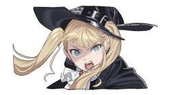 Rule 34 | 1girl, ascot, black hat, blonde hair, blue eyes, earrings, hat, jewelry, long hair, open mouth, portrait, project:anemone, simple background, solo, teshima nari, twintails, white ascot, white background