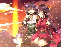 Rule 34 | 2girls, architecture, black hair, east asian architecture, eyepatch, unworn eyepatch, fate/grand order, fate (series), heterochromia, katou danzou (fate), low twintails, mochizuki chiyome (fate), multiple girls, on roof, petals, purple eyes, red eyes, sakura tsubame, sitting, smile, sunset, twintails, yellow eyes