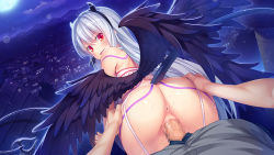 Rule 34 | 1boy, 1girl, anus, ass, black wings, blush, body markings, censored, demon girl, demon tail, demon wings, doggystyle, feathered wings, game cg, garter straps, hands on another&#039;s hips, hetero, hinata nao, horns, long hair, looking back, moonlight, mosaic censoring, multiple wings, musee (sex underworld e youkoso!, night, official art, open mouth, outdoors, penis, photoshop (medium), pov, pussy, red eyes, sex, sex from behind, sex underworld e youkoso!, sweat, tail, vaginal, white hair, wings