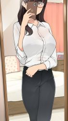 Rule 34 | 1girl, bed, black pants, bra visible through clothes, breasts, brown eyes, brown hair, cellphone, chest of drawers, collared shirt, commentary request, curtains, dress shirt, glasses, highres, holding, holding phone, indoors, large breasts, original, pants, phone, pillow, see-through, selfie, shirt, sleeves rolled up, smartphone, standing, translation request, wakamatsu372, white shirt