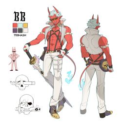 Rule 34 | 1boy, 700hash, absurdres, artist name, bara, blue nails, blue tongue, character name, character sheet, color guide, colored skin, colored tongue, commentary, demon boy, demon horns, english commentary, facing viewer, fingerless gloves, flame-tipped tail, full body, gloves, hand on own hip, harness, high collar, highres, holding, holding sword, holding weapon, horns, male focus, monster boy, multiple horns, multiple views, nipples, original, pants, pointy ears, red skin, simple background, sleeveless, sleeveless jacket, smile, standing, sunglasses, sword, toned, toned male, tongue, tongue out, weapon, white background, white gloves, white pants