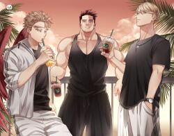 Rule 34 | 3boys, bara, best jeanist, black pants, black shirt, black tank top, blonde hair, blue eyes, bob cut, boku no hero academia, brown eyes, chest hair, ching 32, closed mouth, drink, drinking, drinking straw, earrings, endeavor (boku no hero academia), eye tattoo, facial hair, forked eyebrows, goatee, green eyes, hand in pocket, hawks (boku no hero academia), holding, holding drink, iced coffee, jacket, jewelry, large pectorals, leaning back, looking at viewer, male focus, mature male, multiple boys, muscular, muscular male, mustache stubble, necklace, open clothes, open jacket, palm tree, pants, pectoral cleavage, pectorals, red hair, red wings, scar, scar across eye, scar on chest, scar on face, shirt, short hair, sideburns, stubble, stud earrings, sunset, sweatpants, tank top, thick eyebrows, toned, toned male, tree, watch, wavy hair, white jacket, white pants, white shirt, wings, wristwatch