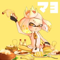 Rule 34 | absurdres, blush, bread, bread slice, burger, curry, egg, egg (food), fingerless gloves, food, french fries, fried egg, fried egg on toast, gloves, highres, inkling, mayonnaise, mole, mole under mouth, nintendo, omelet, omurice, pantyhose, pearl (splatoon), plate, pout, rice, simple background, sitting, sparkle, splatoon (series), splatoon 2, spoon, suika (blueberry998), tentacle hair, text focus, toast, translation request, white hair, yellow background, yellow eyes