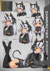 Rule 34 | 1girl, animal ears, black thighhighs, cat ears, cat tail, character sheet, commentary, detail, english commentary, english text, engrish text, full body, headgear, high heels, highres, homeworld, homeworld 2, horns, long hair, mechanical ears, mechanical parts, multiple views, orange eyes, personification, ranguage, red eyes, shaded face, standing, tail, thighhighs, v, very long hair, white hair, xandier59