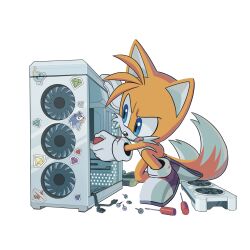 Rule 34 | 1boy, absurdres, blue eyes, chao (sonic), computer, furry, furry male, gloves, graphics card, highres, holding, holding screwdriver, looking over eyewear, on one knee, screw, screwdriver, shoes, simple background, solo, sonic (series), sonic the hedgehog, stars kii, sticker, tails (sonic), tongue, tongue out, white background, white gloves
