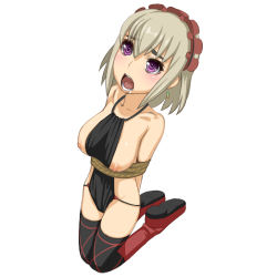 Rule 34 | 10s, 1girl, arms behind back, bdsm, between breasts, bondage, boots, bound, breasts, caryo, chaika bogdan, collarbone, earrings, eyebrows, full body, hairband, hitsugi no chaika, jewelry, kneeling, lolita hairband, looking up, lowres, midori boushi, nipples, open mouth, purple eyes, rope, saliva, short hair, silver hair, simple background, solo, thighhighs, white background