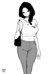 Rule 34 | 1girl, absurdres, aliasing, bag, bare arms, braid, braided ponytail, crop top, facing viewer, feet out of frame, glasses, greyscale, hair over shoulder, handbag, head tilt, highres, jewelry, legs together, long hair, looking at viewer, midriff, mole, mole under eye, monochrome, norman maggot, original, pants, pendant, round eyewear, short sleeves, simple background, single braid, smile, standing, stephanie (norman maggot), white background