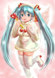 Rule 34 | 1girl, :d, blue eyes, blue hair, boots, hair ribbon, hat, hatsune miku, long hair, matching hair/eyes, moriichi, open mouth, ribbon, smile, solo, standing, standing on one leg, thigh boots, thighhighs, twintails, vocaloid, wand