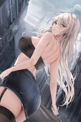 Rule 34 | 1girl, absurdres, ass, back, bad id, bad twitter id, bare arms, bare back, bare shoulders, black garter straps, black thighhighs, blonde hair, building, crop top, denim, denim skirt, dutch angle, floating hair, garter straps, grey sky, highres, holding, holding sword, holding weapon, lillly, long hair, looking at viewer, midriff, original, outdoors, parted lips, rapier, skirt, sky, solo, standing, strapless, sword, thighhighs, thighs, tube top, weapon, zettai ryouiki