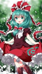 Rule 34 | 1girl, blurry, blurry background, boots, bow, dress, frilled bow, frilled dress, frilled ribbon, frilled sleeves, frills, front ponytail, hair bow, hair ribbon, highres, kagiyama hina, lifted by self, puffy short sleeves, puffy sleeves, red bow, red ribbon, ribbon, ruu (tksymkw), short sleeves, smile, solo, touhou