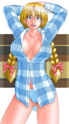 Rule 34 | 1girl, arms behind head, blonde hair, blue eyes, braid, breasts, buttons, cameltoe, delica, female focus, freckles, large breasts, long hair, open mouth, panties, plaid, plaid shirt, shirt, smile, solo, tokyo circuit, twin braids, unbuttoned, underwear