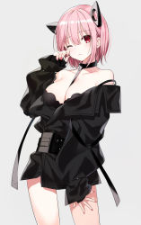Rule 34 | 1girl, animal ears, bare shoulders, belt, between breasts, black jacket, breasts, choker, cleavage, closed mouth, collarbone, cowboy shot, fake animal ears, grey background, hand up, jacket, long sleeves, looking at viewer, medium breasts, nail polish, off shoulder, one eye closed, original, pink hair, pink nails, red eyes, short hair, simple background, solo, strap slip, thighs, yon (letter)