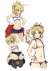 Rule 34 | 1boy, 1girl, animal, ass, belt, bikini, black hair, black legwear, blush, braid, breasts, cleavage, collarbone, fang, fate/grand order, fate (series), green eyes, hand on own hip, long hair, micro bikini, micro shorts, midriff, mordred (fate), mordred (fate/apocrypha), mordred (memories at trifas) (fate), nakatokung, navel, ponytail, red bikini, shorts, simple background, sitting, sitting on face, sitting on person, swimsuit, thighs, white background, wide hips