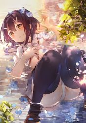 Rule 34 | 1girl, amafuyu, arm up, ass, bad id, bad pixiv id, black skirt, black thighhighs, blue flower, blush, brown eyes, brown footwear, brown hair, collared shirt, commentary request, fate/kaleid liner prisma illya, fate (series), flower, flower on liquid, hair between eyes, hair flower, hair ornament, hairclip, hand up, highres, homurahara academy school uniform, knees together feet apart, loafers, long hair, looking away, looking to the side, miyu edelfelt, outdoors, panties, parted lips, petals, petals on liquid, pleated skirt, puffy short sleeves, puffy sleeves, school uniform, shallow water, shirt, shoes, short sleeves, skirt, solo, sunlight, thighhighs, underwear, water, wet, white panties, white shirt