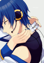 Rule 34 | 1boy, android, artist name, barcode, black shirt, blue eyes, blue hair, blue nails, cable, coat, commentary, from side, half-closed eyes, hands up, headset, highres, holding, holding cable, kaito (vocaloid), kaito (vocaloid3), male focus, nail polish, nokuhashi, open clothes, open coat, parted lips, shirt, solo, upper body, vocaloid, white coat