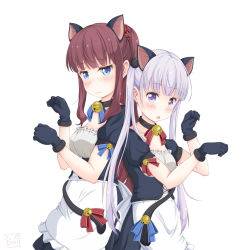 Rule 34 | 2girls, absurdres, alternate costume, animal ears, apron, back-to-back, bell, black gloves, black shirt, black skirt, blue ribbon, blunt bangs, blush, breasts, brown hair, cat ears, cat tail, choker, cleavage, collar, collarbone, embarrassed, enmaided, gloves, highres, long hair, maid, medium breasts, multiple girls, neck bell, new game!, open mouth, paw pose, ponytail, purple eyes, red ribbon, ribbon, sainohikari, shiny skin, shirt, silver hair, simple background, skirt, smile, standing, suzukaze aoba, tail, tail bell, tail ornament, tail ribbon, takimoto hifumi, twintails, very long hair, white apron, white background