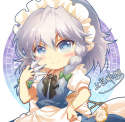 Rule 34 | 1girl, apron, between fingers, black bow, black bowtie, blue dress, blue eyes, blush, bow, bowtie, braid, breasts, chibi, commentary, dress, green bow, hair between eyes, hair bow, hand on own hip, hand up, holding, holding knife, holding weapon, izayoi sakuya, jokanhiyou, knife, knives between fingers, light particles, looking at viewer, maid, maid apron, maid headdress, pocket watch, puffy short sleeves, puffy sleeves, shirt, short hair, short sleeves, signature, silver hair, simple background, small breasts, smile, solo, touhou, twin braids, upper body, waist apron, watch, weapon, white apron, white background, white shirt