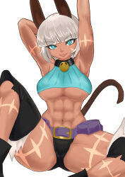 Rule 34 | 1girl, abs, arms up, belt, belt buckle, blue eyes, bob cut, breasts, buckle, cat girl, collar, crop top, dark-skinned female, dark skin, detached leggings, fang, groin tendon, highres, large breasts, ms. fortune (skullgirls), muscular, muscular female, navel, neck bell, open mouth, scar, short hair, sitting, skullgirls, smile, solo, sports bikini, spread legs, thick thighs, thighs, underboob, white background, white hair