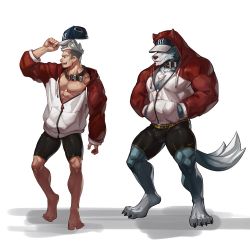 Rule 34 | 2boys, abs, animal ears, bara, barefoot, baseball cap, belt collar, black male swimwear, bulge, chest hair, chest tuft, collar, facial hair, full body, furrification, furry, furry male, hands in pockets, hat, hat over eyes, highres, hood, hooded jacket, jacket, male focus, male swimwear, mature male, midriff peek, multiple boys, muscular, muscular male, original, partially unzipped, pectoral cleavage, pectorals, red jacket, selkiro, short hair, sideburns, stubble, swim briefs, tail, thick thighs, thighs, undercut, wolf boy, wolf ears, wolf tail