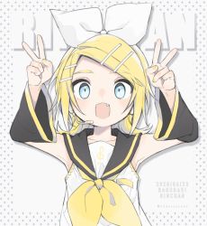 Rule 34 | 1girl, arm warmers, bare shoulders, black collar, black sleeves, blonde hair, blue eyes, bow, character name, collar, commentary, dated, detached sleeves, double v, fang, hair bow, hair ornament, hairclip, hands up, headphones, headset, kagamine rin, looking at viewer, nail polish, nattu bon, neckerchief, open mouth, polka dot, polka dot background, sailor collar, school uniform, shirt, short hair, smile, solo, swept bangs, twitter username, upper body, v, vocaloid, white bow, white shirt, yellow nails, yellow neckerchief