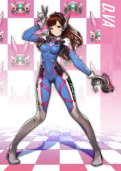 Rule 34 | &gt;:), 1girl, animal print, artist name, blue bodysuit, bodysuit, bracer, breasts, brown eyes, brown hair, character name, charm (object), checkered background, checkered floor, clothes writing, covered navel, d.va (overwatch), facepaint, facial mark, finger on trigger, full body, gloves, gun, handgun, headphones, high collar, highres, holding, holding gun, holding weapon, ing9, legs apart, long hair, looking at viewer, mecha, medium breasts, meka (overwatch), overwatch, overwatch 1, pilot suit, pistol, rabbit print, ribbed bodysuit, robot, shadow, shoulder pads, signature, skin tight, solo, standing, swept bangs, v, v-shaped eyebrows, watermark, weapon, whisker markings, white gloves