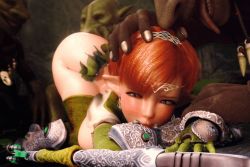 Rule 34 | 1girl, 3boys, 3d, anal, anal fingering, animated, animated gif, armor, breasts, chocontoco, earrings, elf, fingering, goblin, goblin male, jewelry, medium breasts, multiple boys, orange hair, outdoors, pointy ears, rape, restrained, thighhighs, tiara