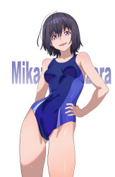 Rule 34 | 13286562332, 1girl, :d, absurdres, alternate costume, antenna hair, black hair, boku wa tomodachi ga sukunai, breasts, character name, chinese commentary, competition swimsuit, gluteal fold, hand on own hip, highres, looking at viewer, medium breasts, mikazuki yozora, one-piece swimsuit, open mouth, short hair, smile, solo, swimsuit, teeth, upper teeth only, white background