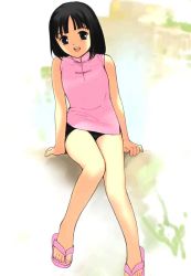 Rule 34 | 1girl, ai-ren, ai (ai-ren), black hair, feet, female focus, flip-flops, legs, sandals, sitting, sleeveless, smile, solo, tanaka yutaka