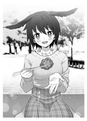 Rule 34 | 1girl, black hair, chicken (food), chopsticks, contemporary, dress, fate/grand order, fate (series), food, fried chicken, greyscale, holding, holding chopsticks, looking at viewer, meiji ken, monochrome, open mouth, ortlinde (fate), picnic, short hair, sitting, smile, solo, sweater, valkyrie (fate)