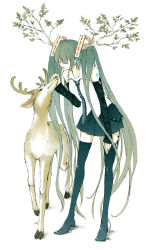 Rule 34 | 1girl, animal, aqua hair, bare shoulders, boots, branch, closed eyes, deer, detached sleeves, dhaniya, hatsune miku, headpat, highres, leaning forward, long hair, necktie, shiryosuru zombie (vocaloid), simple background, skirt, smile, solo, standing, thigh boots, thighhighs, tree, twintails, very long hair, vocaloid