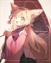 Rule 34 | 1girl, :d, absurdres, animal ear fluff, animal ears, apron, arknights, black hakama, blonde hair, blush, commentary, cowboy shot, flower, fox ears, fox girl, fox tail, framed, frilled apron, frills, green eyes, hair flower, hair ornament, hairband, hakama, hakama skirt, hands up, highres, holding, holding umbrella, ijipiku, japanese clothes, kimono, long sleeves, official alternate costume, oil-paper umbrella, open mouth, pink kimono, pleated skirt, red hairband, red umbrella, signature, skirt, smile, solo, suzuran (arknights), suzuran (yukibare) (arknights), tail, tassel, tassel hair ornament, teeth, umbrella, upper teeth only, white apron, wide sleeves
