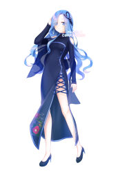 Rule 34 | 1girl, arm up, bad id, bad pixiv id, bare shoulders, black dress, black footwear, blue eyes, blue hair, blush, breasts, china dress, chinese clothes, closed mouth, clothing cutout, commission, dress, eyes visible through hair, floral print, full body, hair ornament, high heels, long hair, long sleeves, mamel 27, original, parted bangs, print dress, see-through, shoes, shoulder cutout, simple background, sleeves past wrists, small breasts, solo, standing, very long hair, watermark, white background
