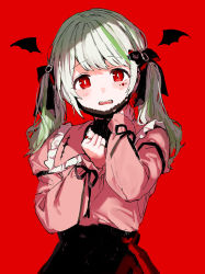 Rule 34 | 1girl, absurdres, alternate eye color, alternate hair color, black bow, black skirt, blush, bow, commentary, cowboy shot, facial mark, green hair, hair bow, heart, heart facial mark, high-waist skirt, highres, jewelry, long sleeves, looking at viewer, low twintails, mask, mask pull, mini wings, morinaka kazaki, mouth mask, multicolored hair, multiple rings, nijisanji, open mouth, pink shirt, red background, red eyes, ring, shirt, sidelocks, simple background, skirt, solo, streaked hair, twintails, vampire (vocaloid), virtual youtuber, vocaloid, white hair, wings, yumesaki nana