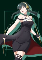 Rule 34 | 1girl, 2022, :o, black choker, black dress, black gloves, black hair, black thighhighs, breasts, choker, cleavage, collarbone, copyright name, dated, dress, dual wielding, floating hair, gloves, green background, hairband, highres, holding, holding weapon, long hair, medium breasts, open mouth, red eyes, single glove, sleeveless, sleeveless dress, solo, spy x family, standing, thighhighs, tsuji643163271, weapon, yellow hairband, yor briar, zettai ryouiki