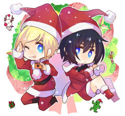 Rule 34 | 10s, 2boys, ;p, blue eyes, boots, bow, bowtie, bright pupils, camera, candy, candy cane, chibi, christmas, final fantasy, final fantasy xv, food, freckles, frecklies, hat, looking at viewer, male focus, moogle, multiple boys, noctis lucis caelum, one eye closed, pentacle dark, prompto argentum, red shorts, sabotender, sack, salute, santa costume, santa hat, shorts, simple background, star (symbol), tongue, tongue out, white background, wreath