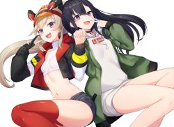 Rule 34 | 2girls, nanashi inc., :d, animal ears, black choker, black gloves, black hair, black jacket, black shorts, blonde hair, breasts, choker, collarbone, crop top, cropped jacket, drawstring, fake animal ears, fang, garter straps, gloves, green jacket, groin, hand up, highres, holding hands, hood, hoodie, ichinose uruha, jacket, komori met, long hair, long hoodie, long sleeves, looking at viewer, lupinus virtual games, midriff, multiple girls, navel, nishino eri, open clothes, open jacket, open mouth, partially fingerless gloves, ponytail, purple eyes, red legwear, shirt, short shorts, shorts, simple background, single glove, sleeveless, sleeveless shirt, sleeveless turtleneck, small breasts, smile, stomach, thighhighs, thighs, turtleneck, v, v ap art, virtual youtuber, visor cap, vspo!, white background, white hoodie, white shirt