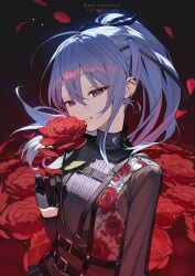 Rule 34 | 1girl, absurdres, anniversary, black gloves, black ribbon, black shirt, blue hair, breasts, character name, commentary request, ear piercing, floating hair, flower, gloves, grin, hair ribbon, hand up, highres, holding, holding flower, hololive, hoshimachi suisei, hoshimachi suisei (shout in crisis), kitada mo, long hair, looking at viewer, petals, piercing, ponytail, red eyes, red flower, red rose, ribbon, rose, shirt, small breasts, smile, solo, turtleneck, virtual youtuber
